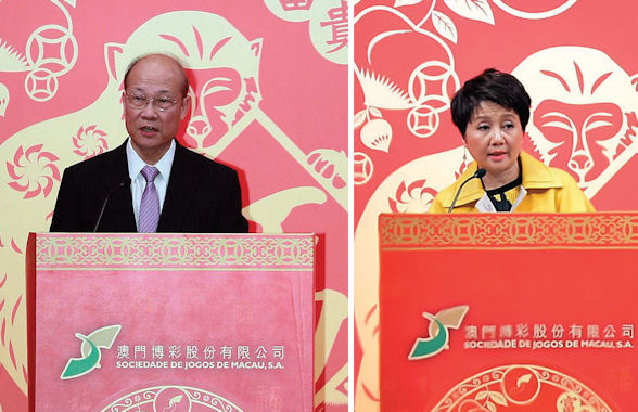 [b]Chairman of the Board of Directors of SJM Holdings Ltd Dr Ambrose So and Managing Director of SJM Ms Angela Leong gave speeches during SJM's Lunar New Year's Eve Gala Dinner[/b]